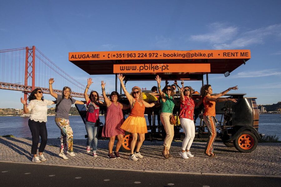 Lisbon: Fun Beer Bike by the Seafront - Stopping beneath the 25 April Bridge